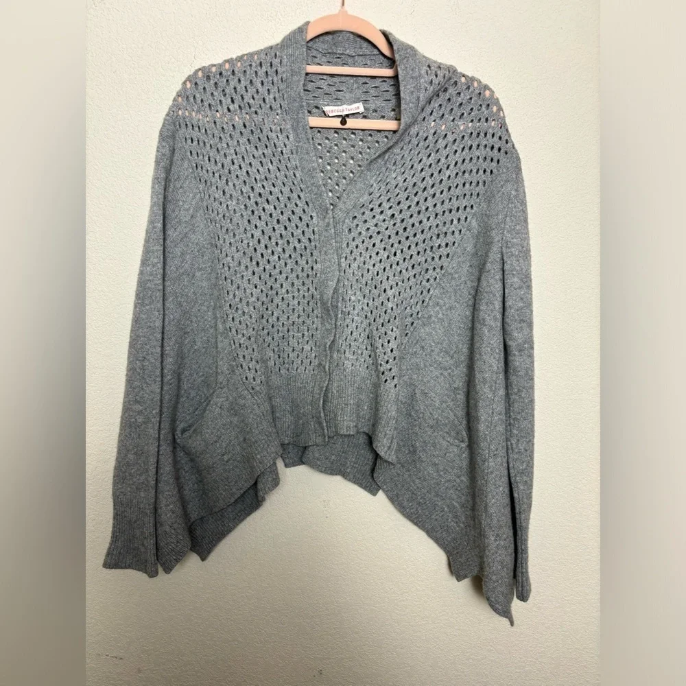 Rebecca Taylor Gray Lambswool/Cashmere Blend Crochet Asymmetrical Hem Cardigan S